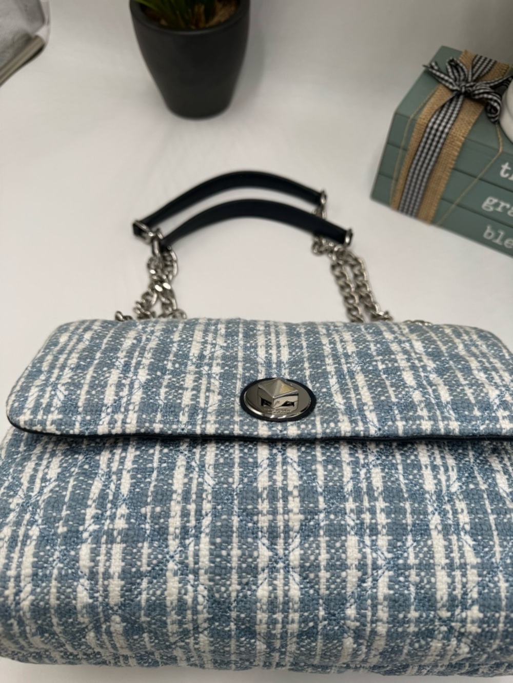 Kate Spade Natalia Quilted Denim Tweed Medium Flap Shoulder Bag - Blue Multi - Picture 3 of 9